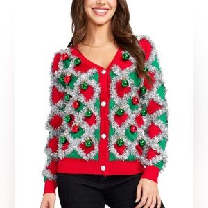 Tipsy Elves Tacky Tinsel Cardigan Christmas Sweater Red and Green XL